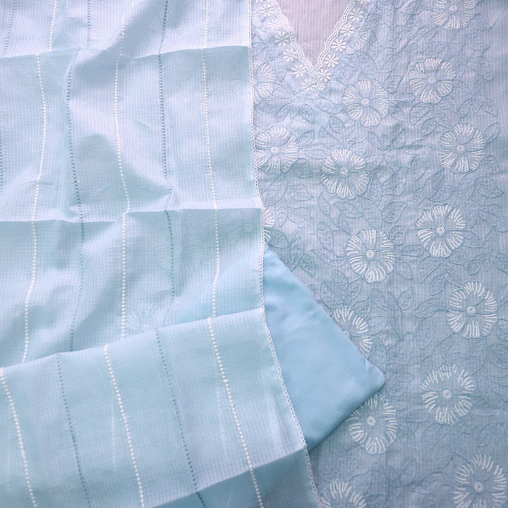 Meherba Sky Blue V Neck lace All Over Thread Work Kota Doriya Suit Set
