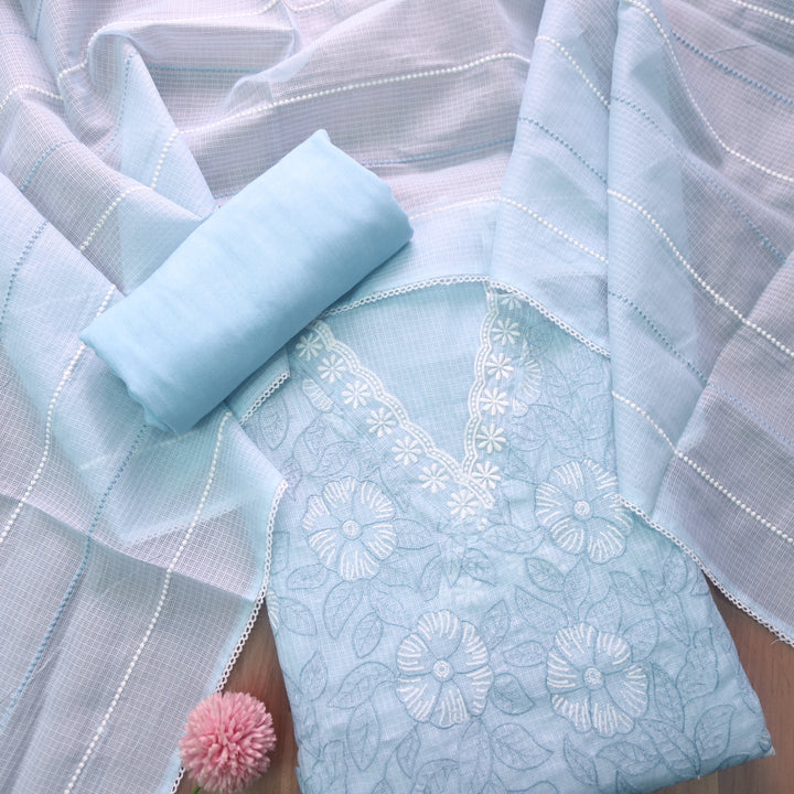 Meherba Sky Blue V Neck lace All Over Thread Work Kota Doriya Suit Set