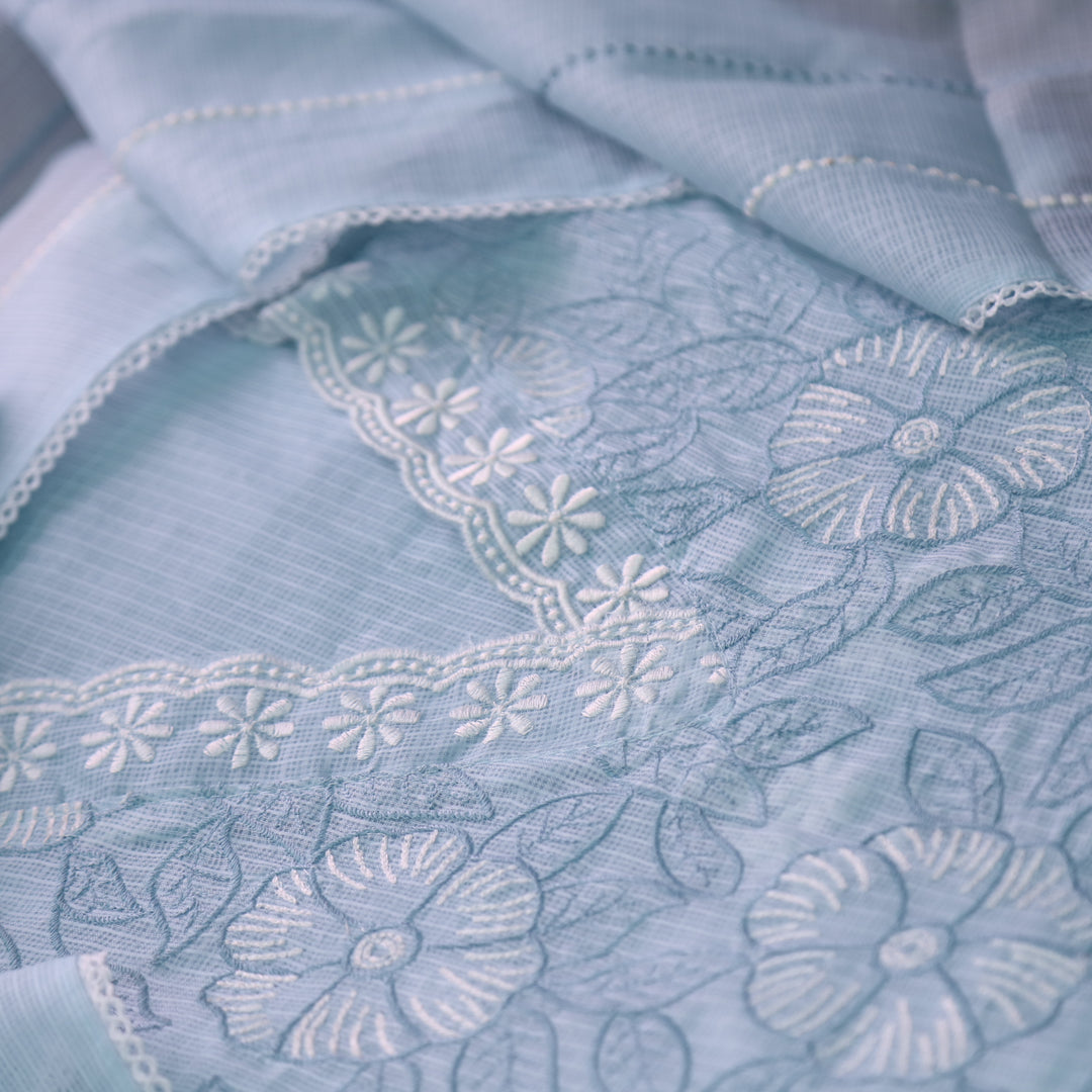 Meherba Sky Blue V Neck lace All Over Thread Work Kota Doriya Suit Set