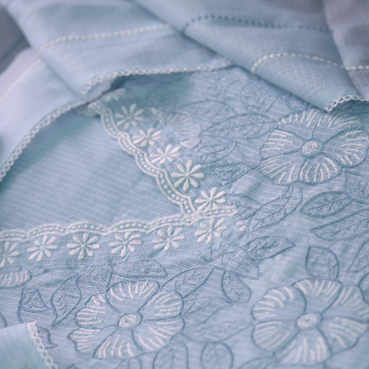Meherba Sky Blue V Neck lace All Over Thread Work Kota Doriya Suit Set