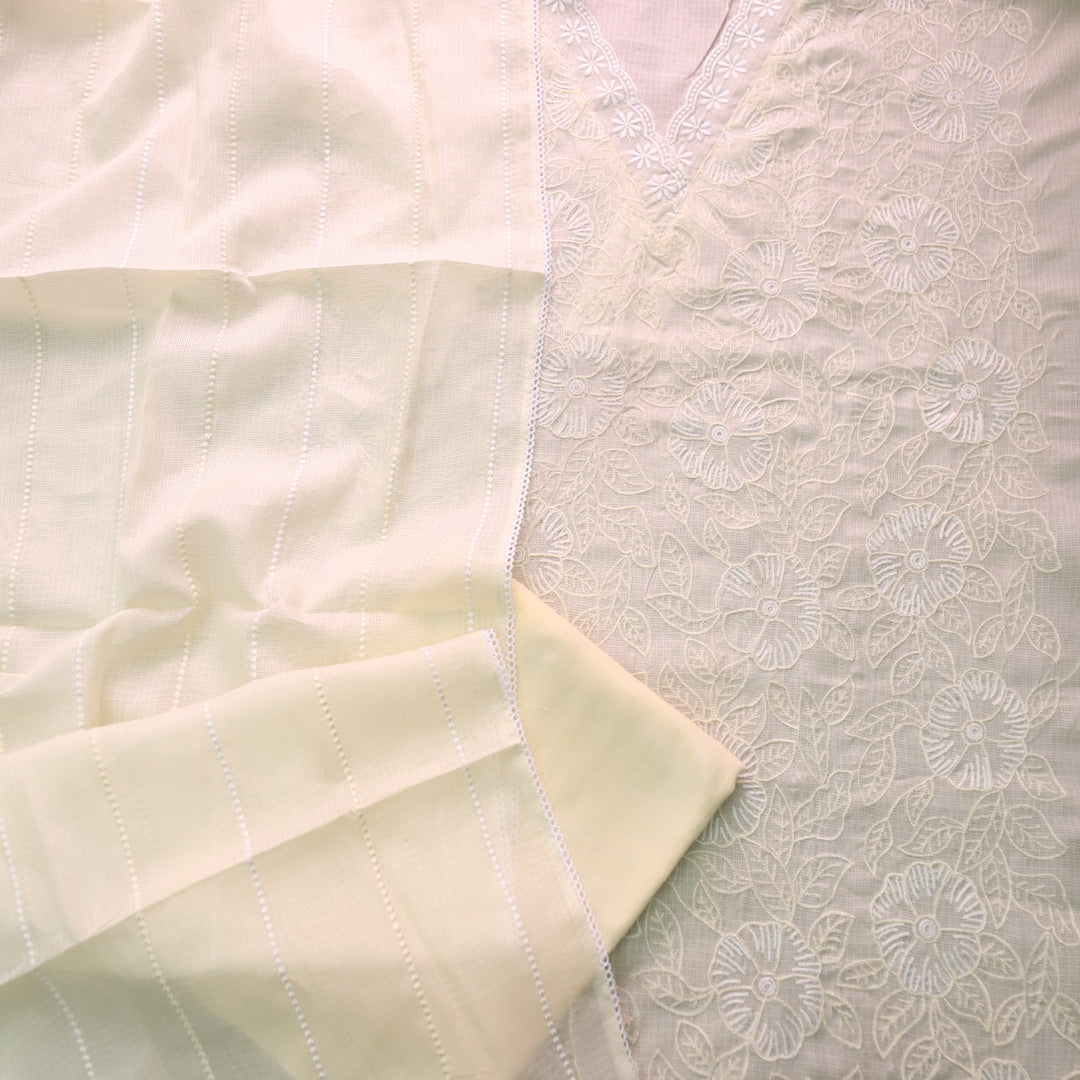 Meherba Buttermilk Yellow V Neck lace All Over Thread Work Kota Doriya Suit Set