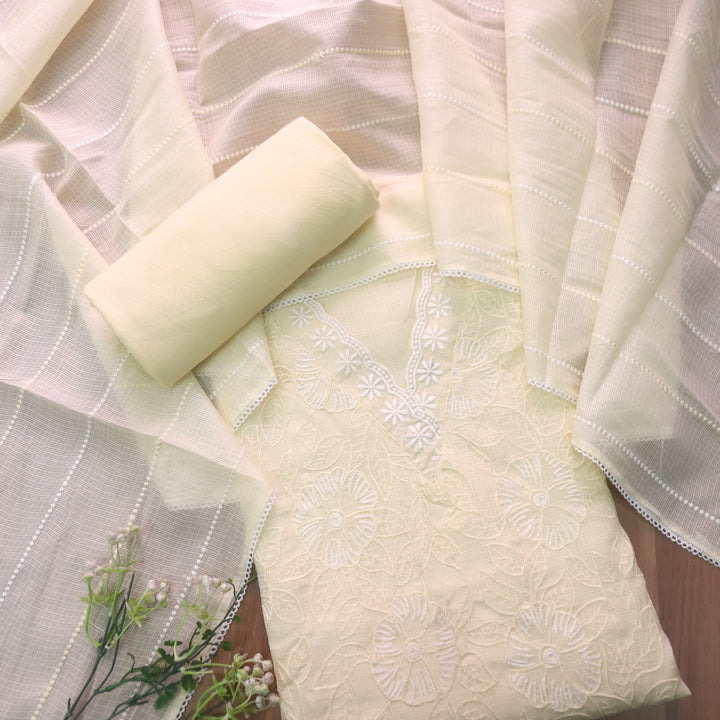 Meherba Buttermilk Yellow V Neck lace All Over Thread Work Kota Doriya Suit Set