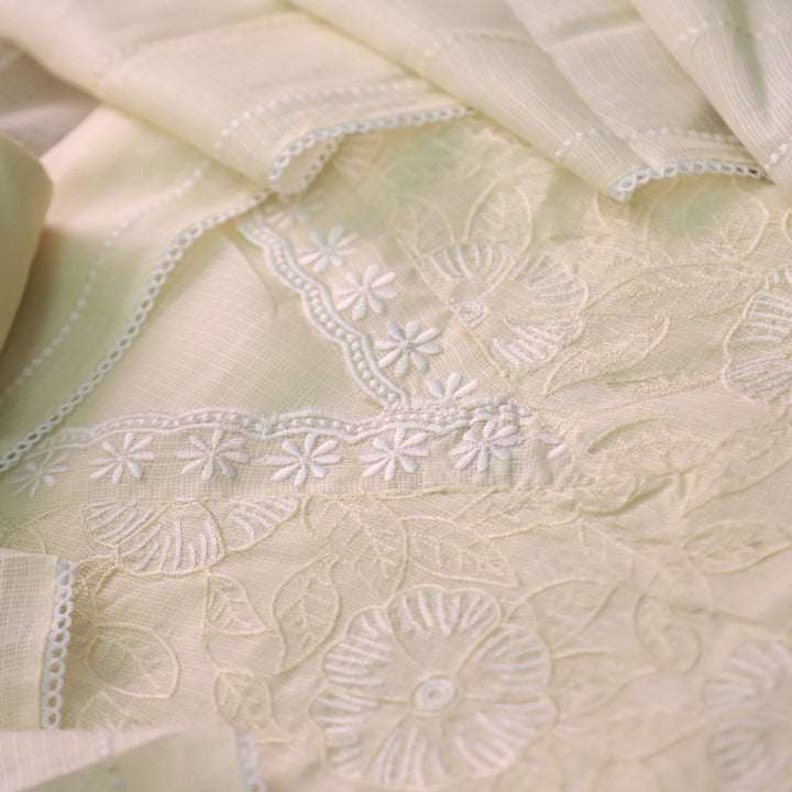 Meherba Buttermilk Yellow V Neck lace All Over Thread Work Kota Doriya Suit Set
