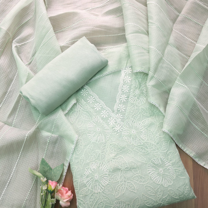 Meherba Mint Green V Neck lace All Over Thread Work Kota Doriya Suit Set