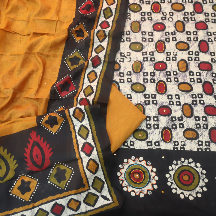 Aarzoo Black Batik Print with Thread and Patra Cotton Top with Yellow Bottom-D2