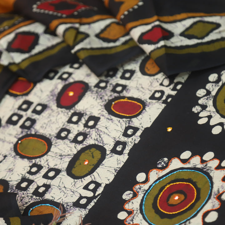 Aarzoo Black Batik Print with Thread and Patra Cotton Top with Yellow Bottom-D2