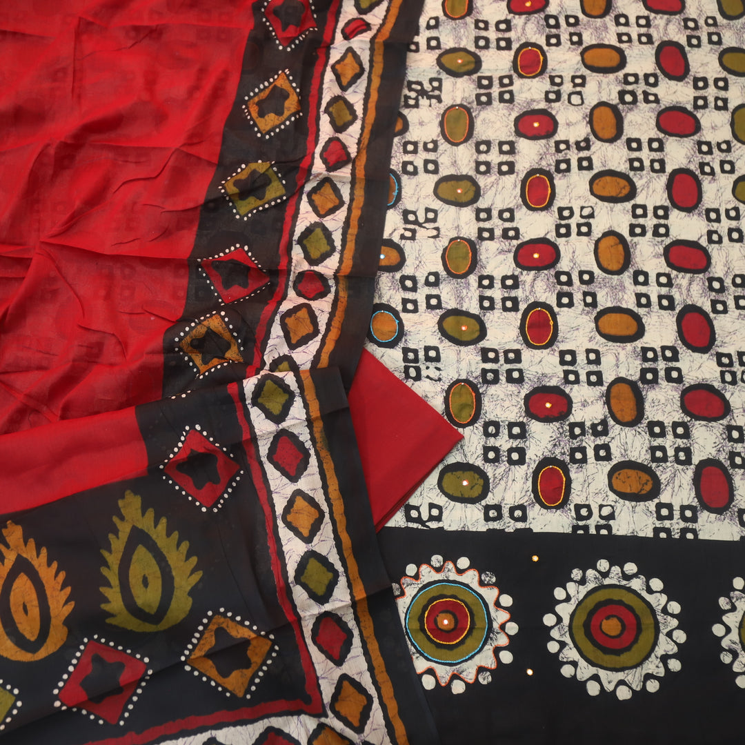 Aarzoo Black Batik Print with Thread and Patra Cotton Top with Red Bottom-D2