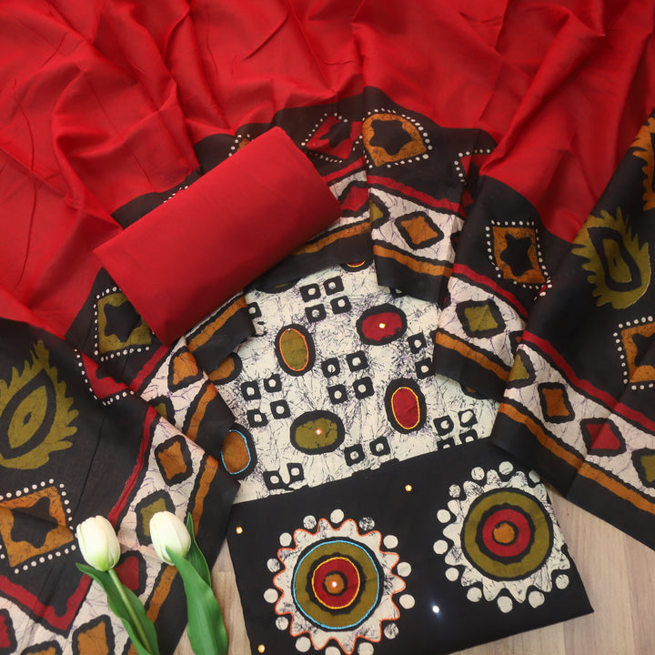 Aarzoo Black Batik Print with Thread and Patra Cotton Top with Red Bottom-D2