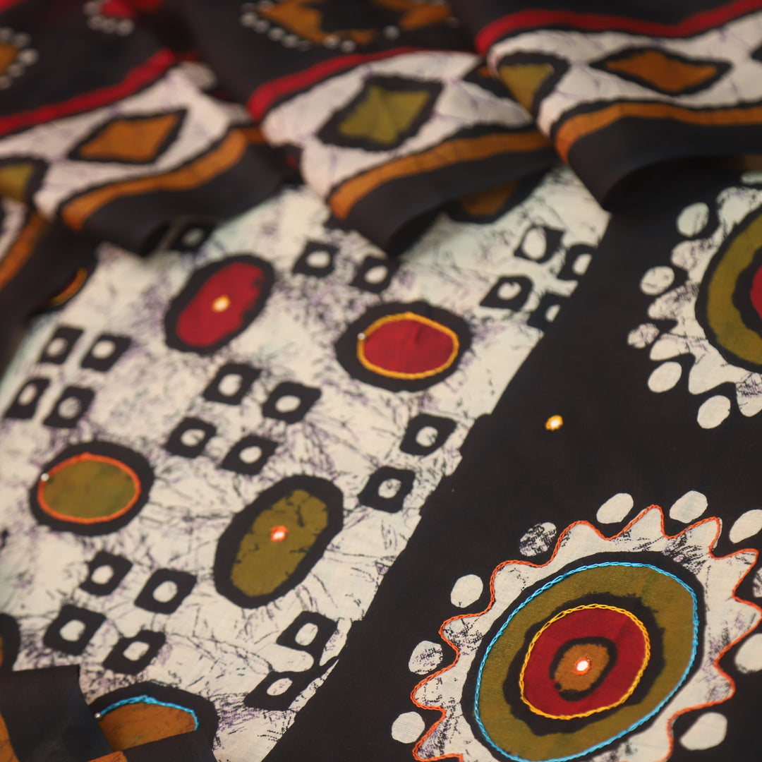 Aarzoo Black Batik Print with Thread and Patra Cotton Top with Red Bottom-D2