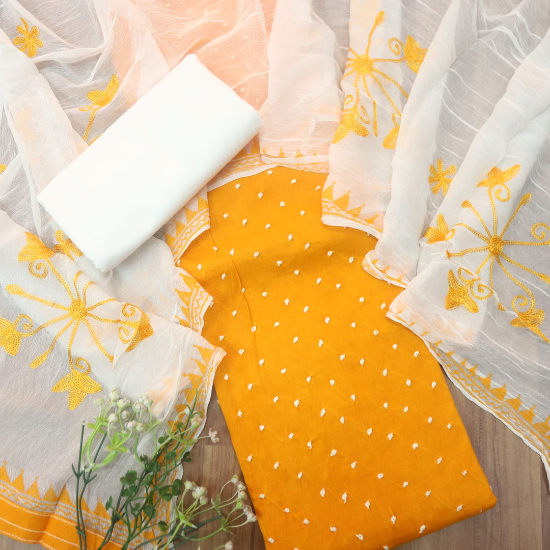 Mulaakat Chrome Yellow French Knot Top with White Chiffon Dupatta Set