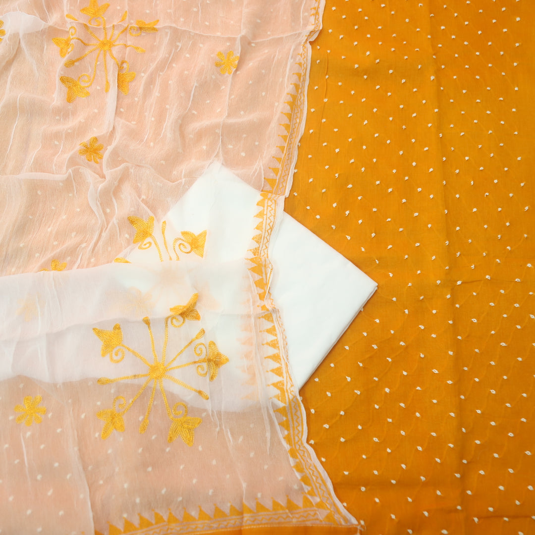 Mulaakat Chrome Yellow French Knot Top with White Chiffon Dupatta Set