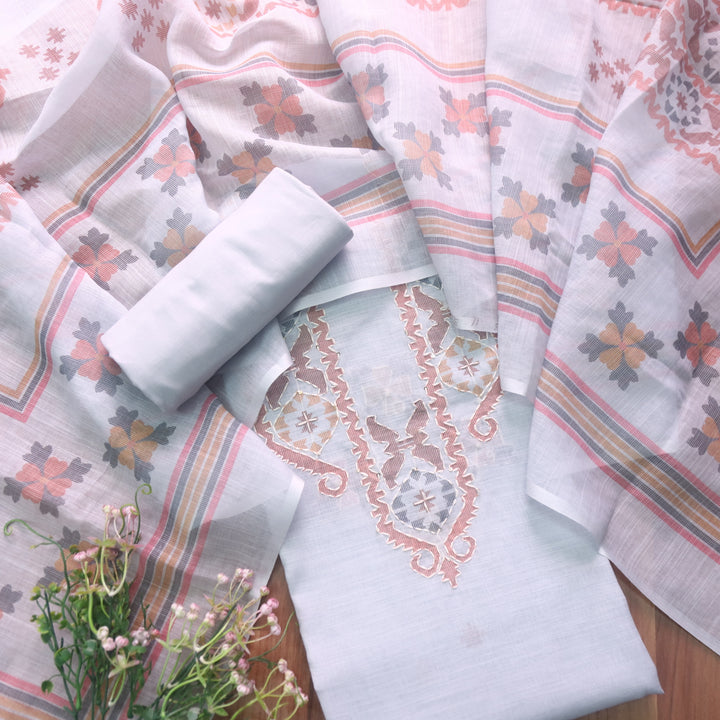 Sufnaa Ash Grey Digital Printed with kantha Neck Work Cotton Linen Set