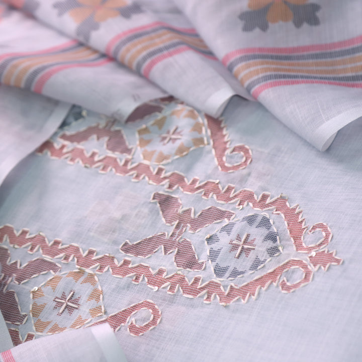 Sufnaa Ash Grey Digital Printed with kantha Neck Work Cotton Linen Set