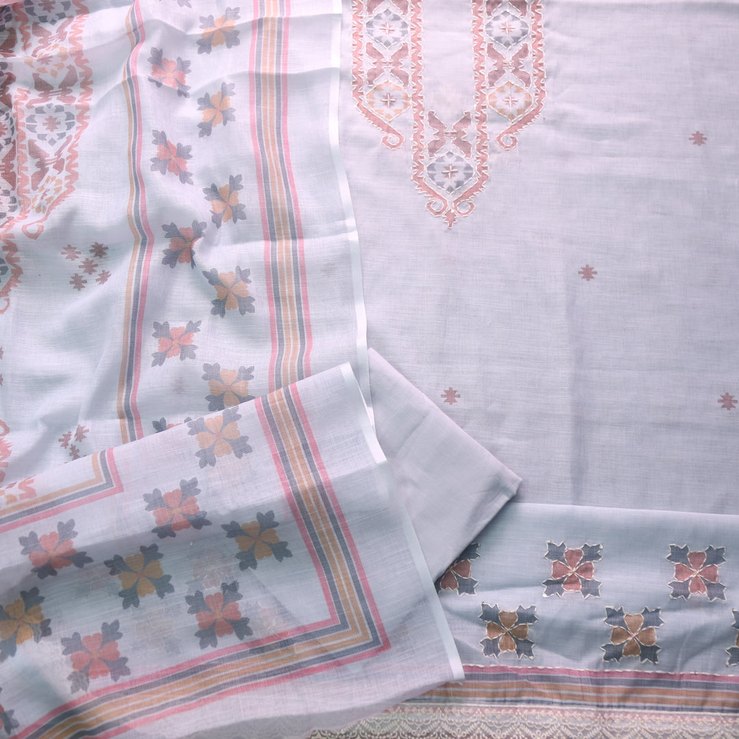 Sufnaa Ash Grey Digital Printed with kantha Neck Work Cotton Linen Set