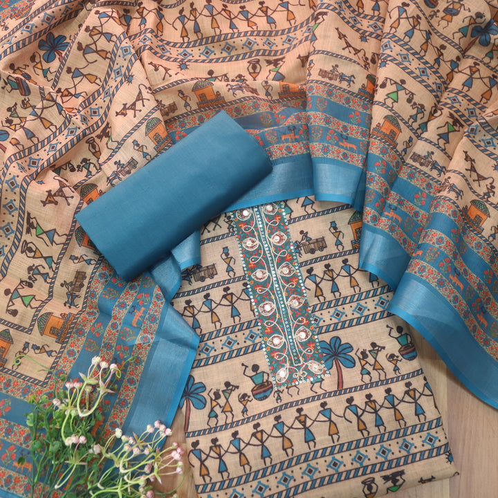 Fanaa Beige Patra Neck with Thread Details Blue Verli Printed Cotton Linen Set
