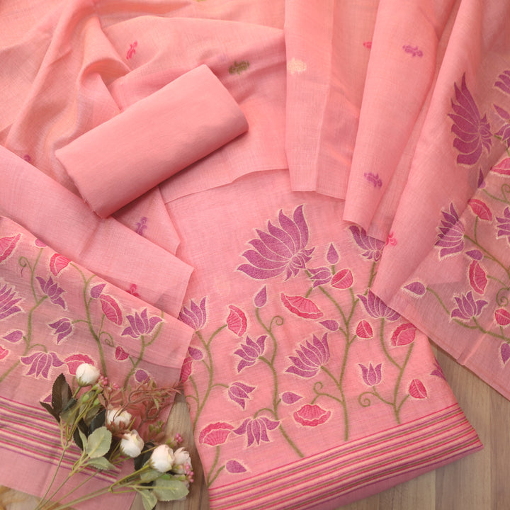 Khayal Lemonade Pink Pichwai Authentic Jamdani Weaved Chanderi Suit Set
