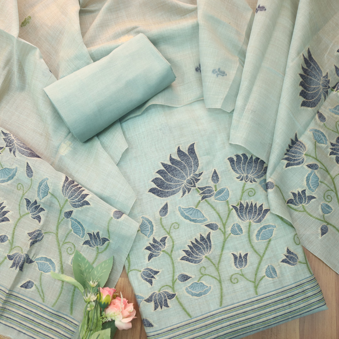 Khayal Sea Form Blue Pichwai Authentic Jamdani Weaved Chanderi Suit Set