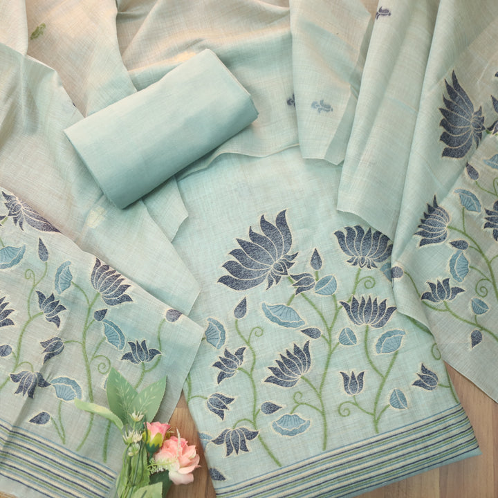 Khayal Sea Form Blue Pichwai Authentic Jamdani Weaved Chanderi Suit Set