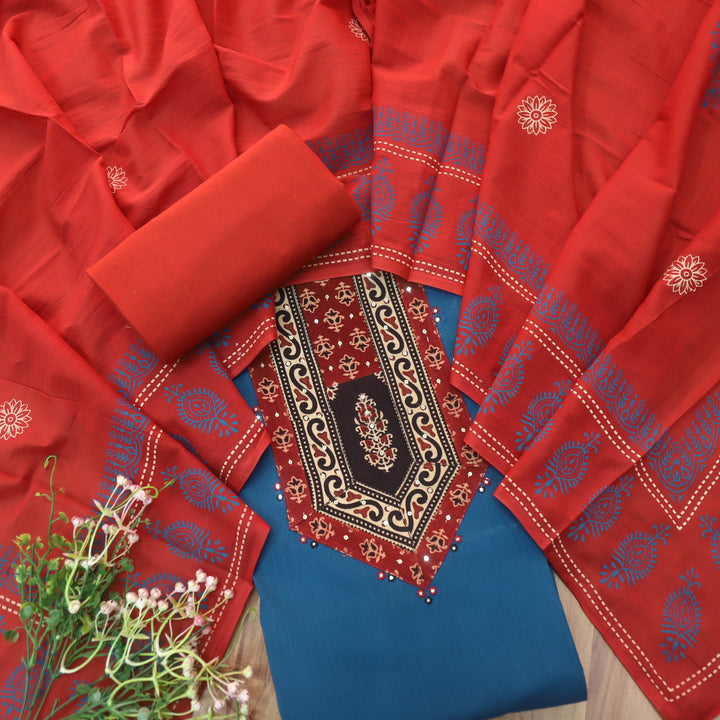 Chandruffi Royal Blue Patra Work with Ajrak Printed Patch Cotton Suit Set