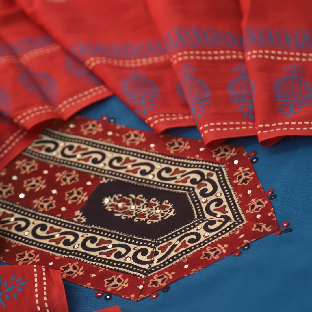 Chandruffi Royal Blue Patra Work with Ajrak Printed Patch Cotton Suit Set