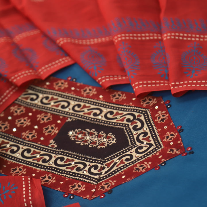 Chandruffi Royal Blue Patra Work with Ajrak Printed Patch Cotton Suit Set