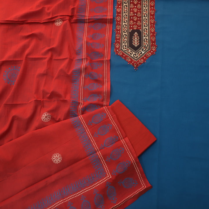 Chandruffi Royal Blue Patra Work with Ajrak Printed Patch Cotton Suit Set