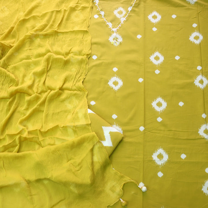Aafreen Turmeric Yellow Hanging Detailing Work V Neck Ikkat Print Cotton Suit Set