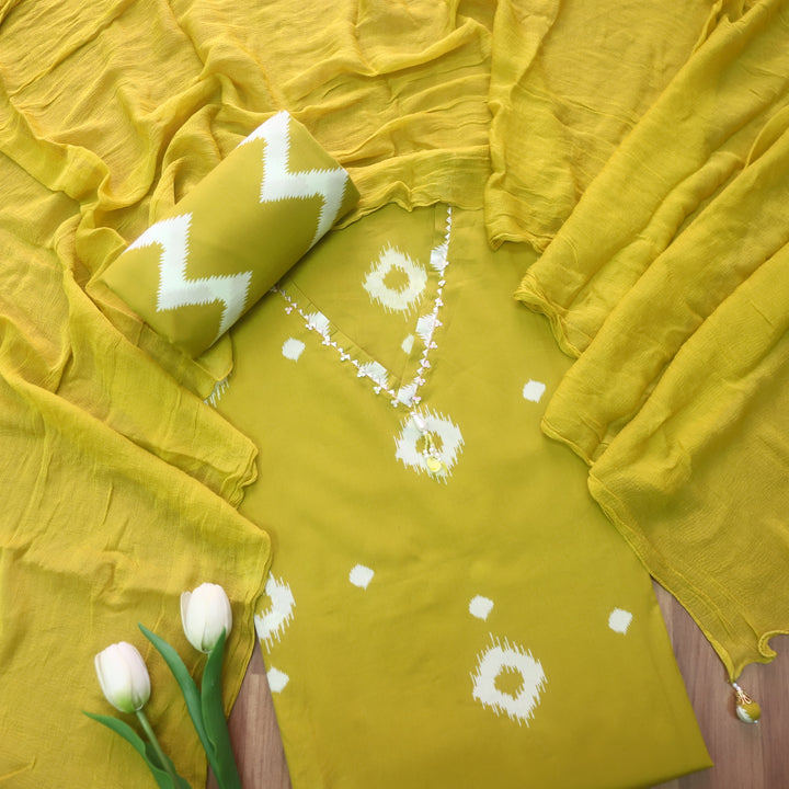 Aafreen Turmeric Yellow Hanging Detailing Work V Neck Ikkat Print Cotton Suit Set