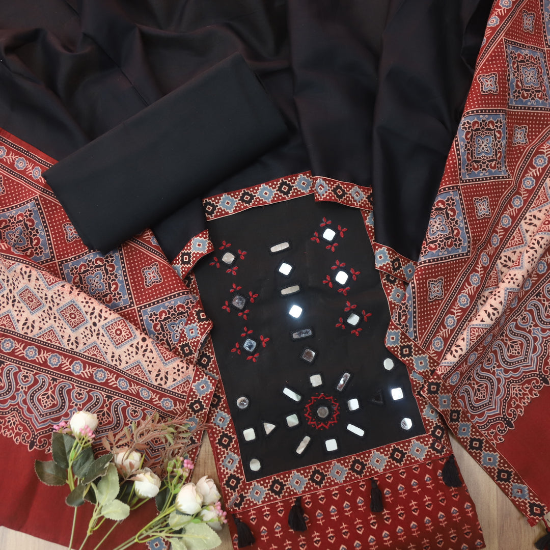 Anjana Bride Red Mirror Neck Work Patch Ajrak Print Cotton Suit Set D1