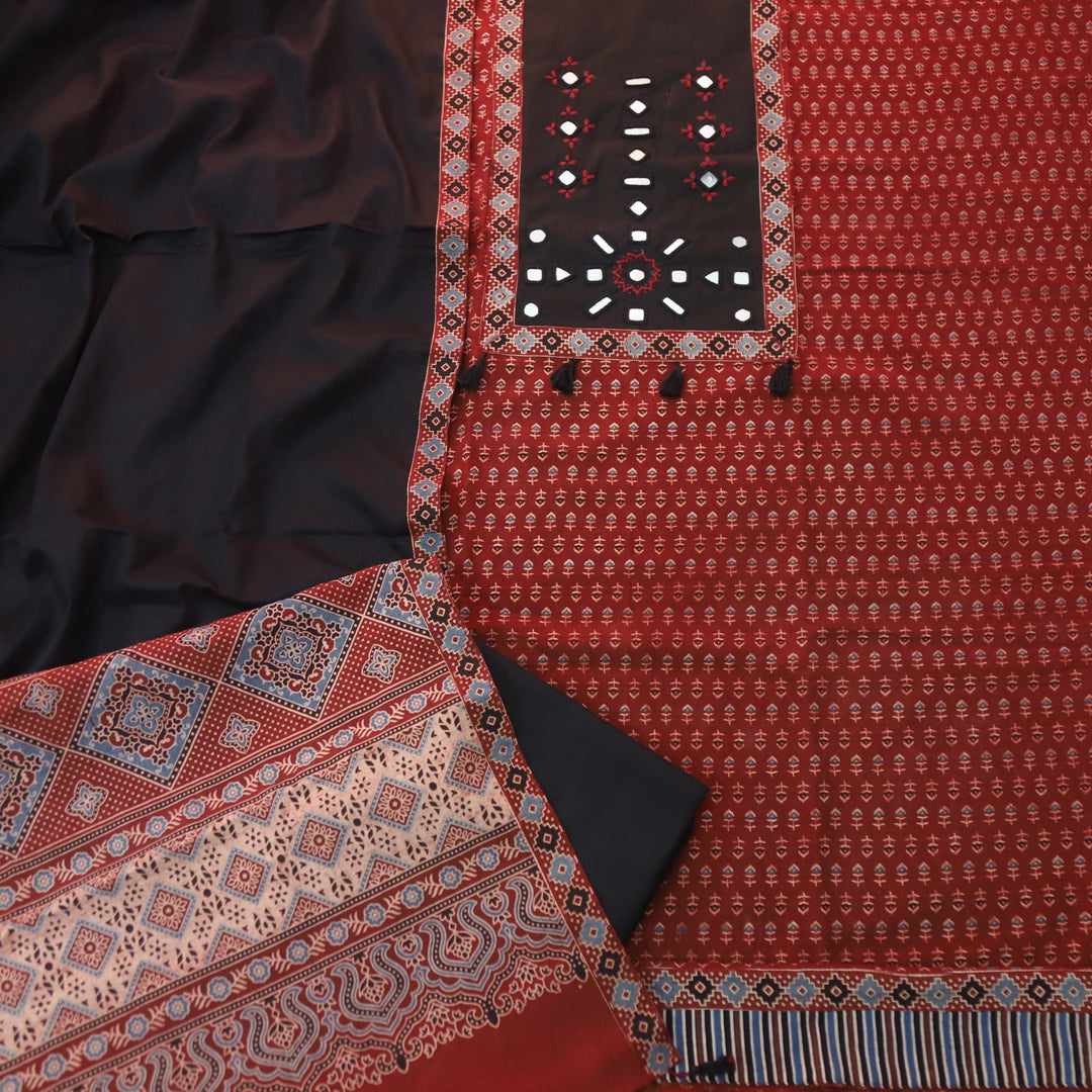 Anjana Bride Red Mirror Neck Work Patch Ajrak Print Cotton Suit Set D1