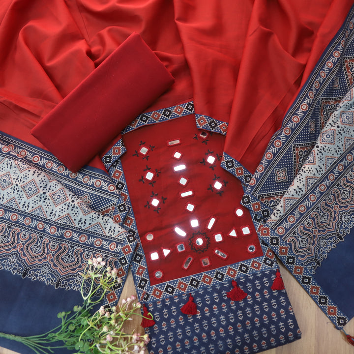 Anjana Cerulean Blue Mirror Neck Work Patch Ajrak Print Cotton Suit Set D1