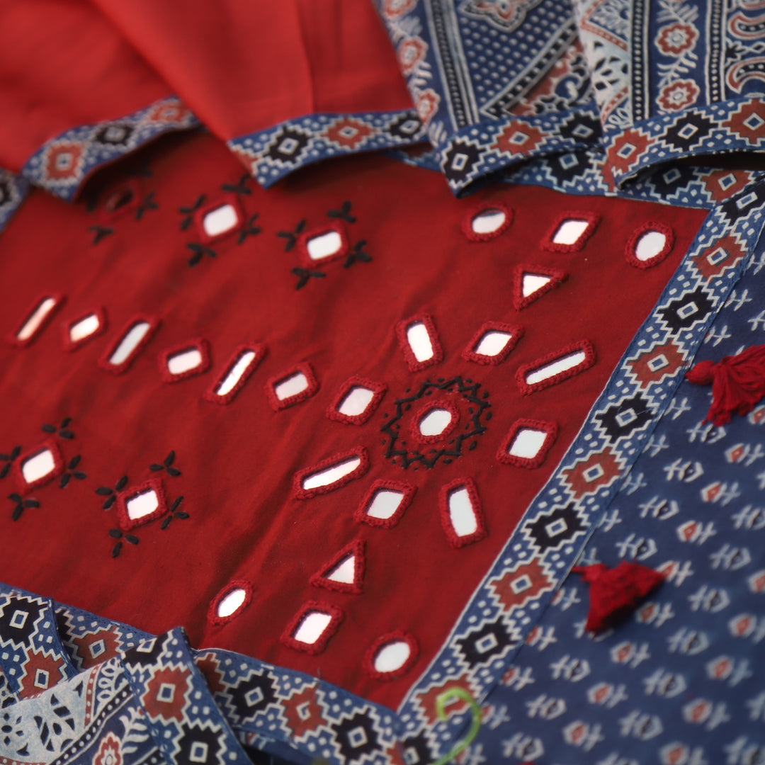 Anjana Cerulean Blue Mirror Neck Work Patch Ajrak Print Cotton Suit Set D1