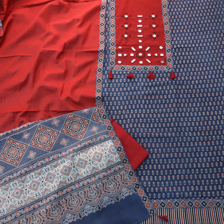 Anjana Cerulean Blue Mirror Neck Work Patch Ajrak Print Cotton Suit Set D1