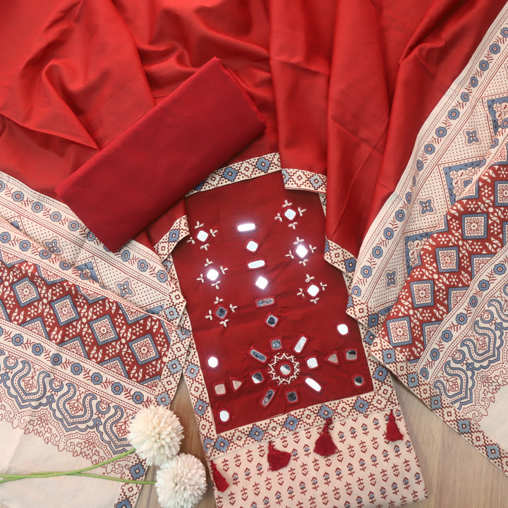Anjana Skinn Beige Mirror Neck Work Patch Ajrak Print Cotton Suit Set D1