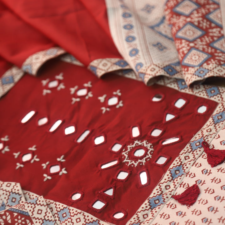 Anjana Skinn Beige Mirror Neck Work Patch Ajrak Print Cotton Suit Set D1