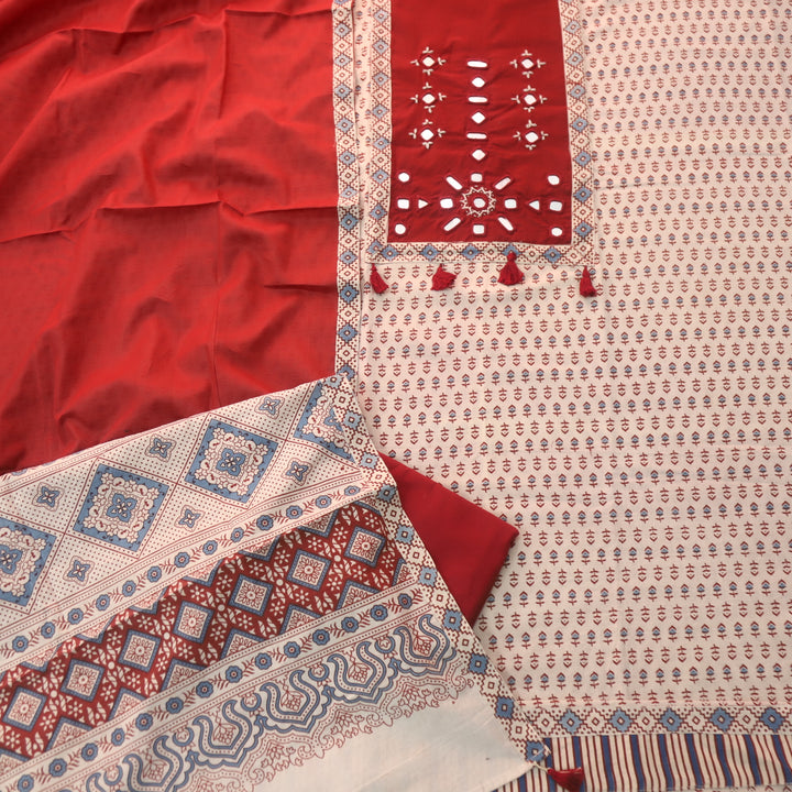 Anjana Skinn Beige Mirror Neck Work Patch Ajrak Print Cotton Suit Set D1