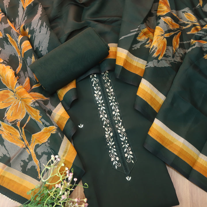 Ishaani Sacramento Green Embellished Neckline Patch Patti Buti Work Modal Suit Set