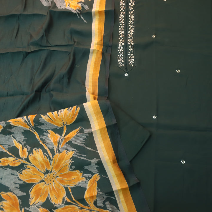 Ishaani Sacramento Green Embellished Neckline Patch Patti Buti Work Modal Suit Set