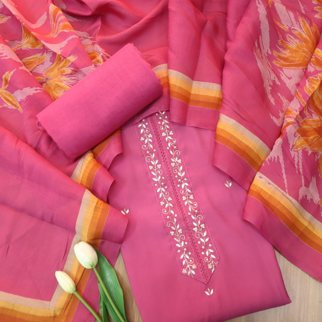 Ishaani Kimchi Pink Embellished Neckline Patch Patti Buti Work Modal Suit Set