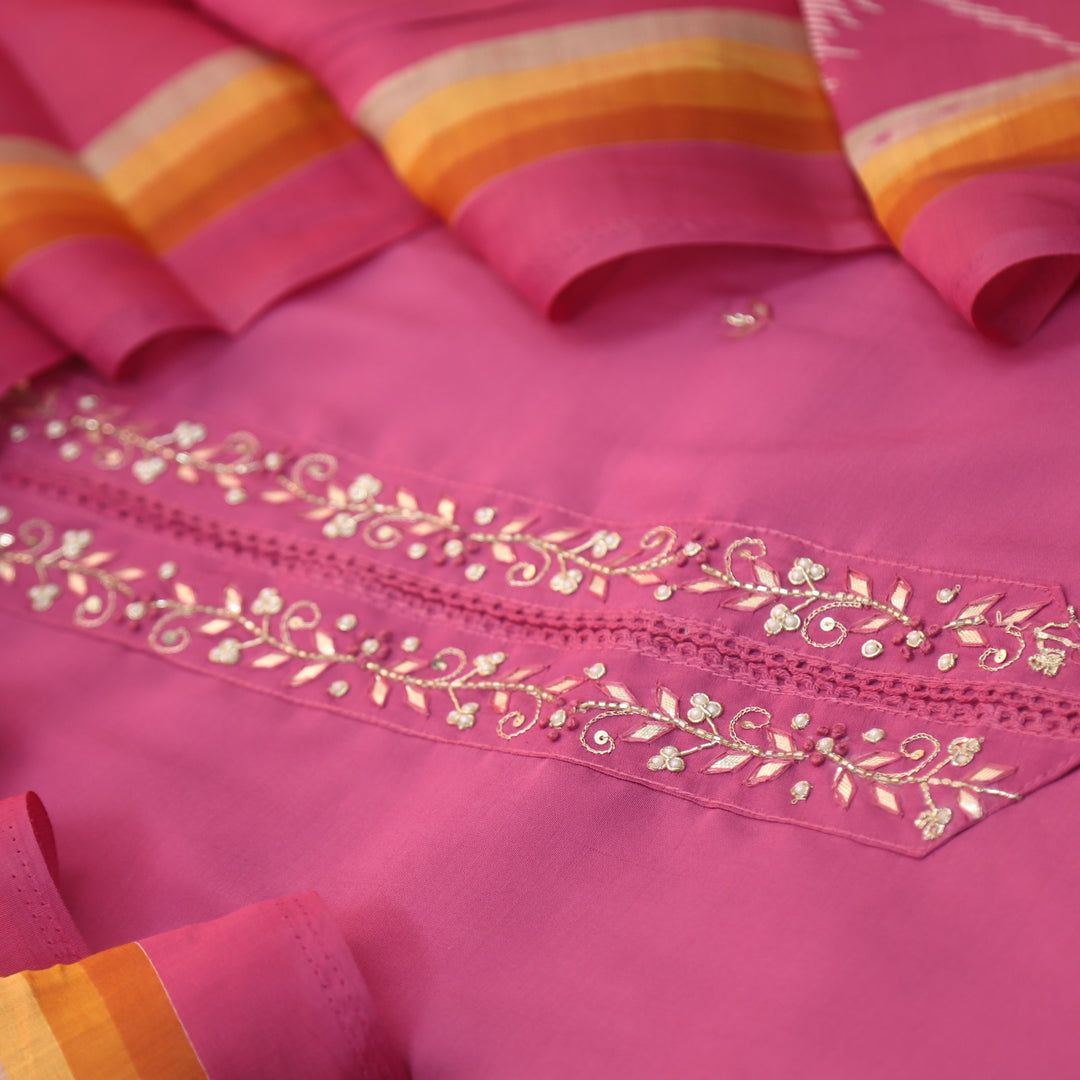 Ishaani Kimchi Pink Embellished Neckline Patch Patti Buti Work Modal Suit Set