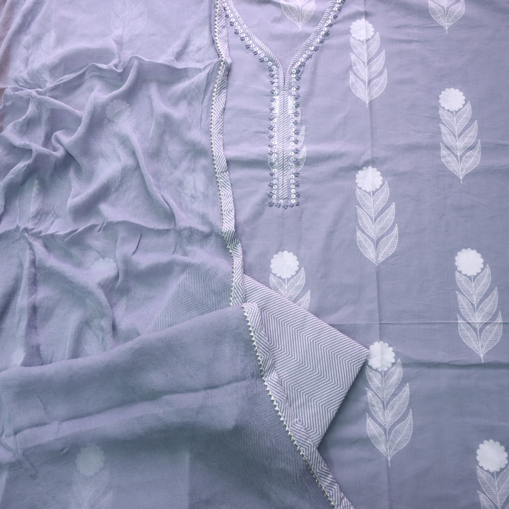Rahi Slate Gray V Neck French Knot Work Floral Printed Cotton Suit Set