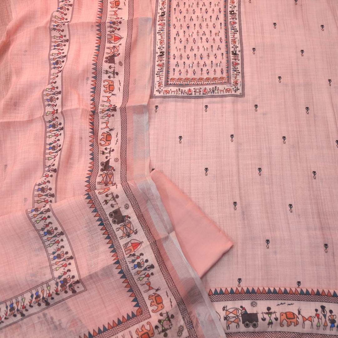 Deewani Candy Pink Verli Print Neck with French Knot Cotton Linen Suit Set