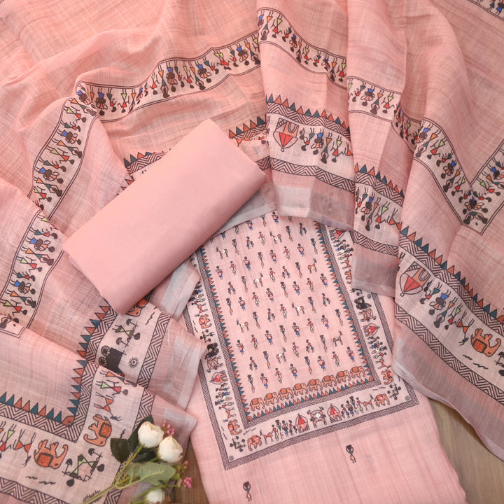 Deewani Candy Pink Verli Print Neck with French Knot Cotton Linen Suit Set
