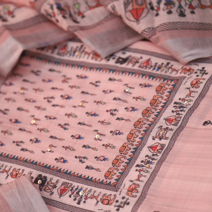 Deewani Candy Pink Verli Print Neck with French Knot Cotton Linen Suit Set