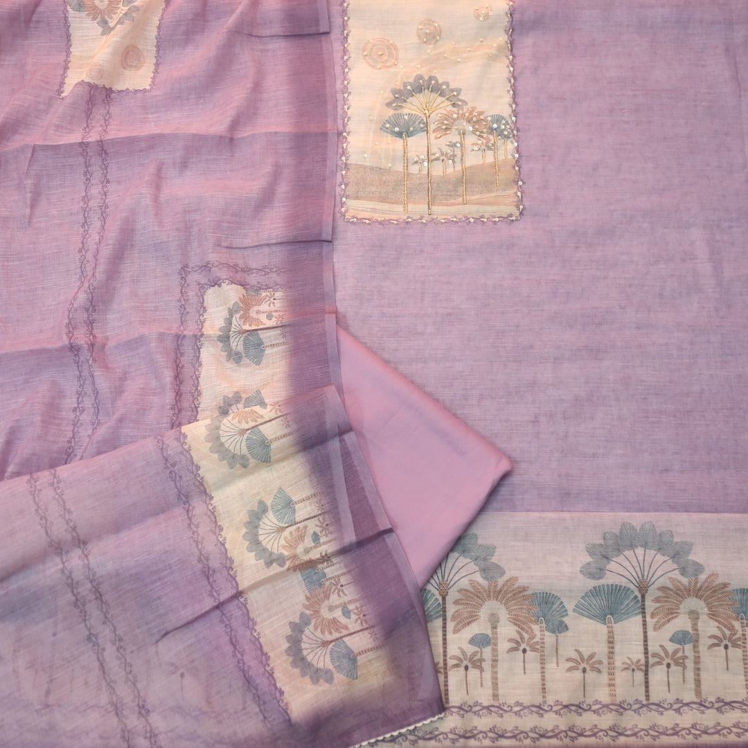 Deewana Orchid Puple Embellish Moti Neck with Knot Detailing Cotton Linen Set