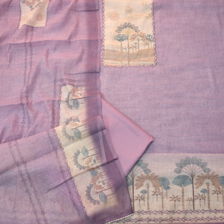 Deewana Orchid Puple Embellish Moti Neck with Knot Detailing Cotton Linen Set