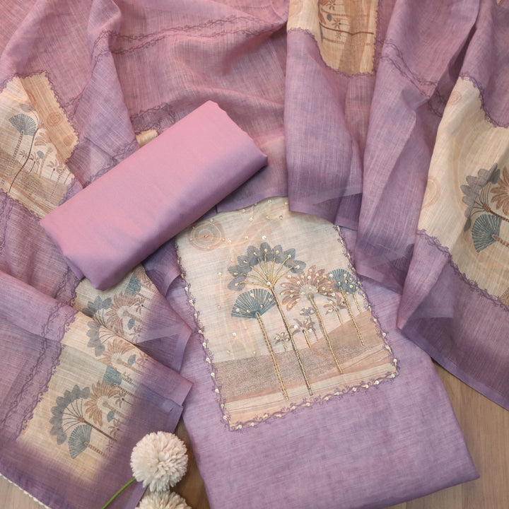 Deewana Orchid Puple Embellish Moti Neck with Knot Detailing Cotton Linen Set