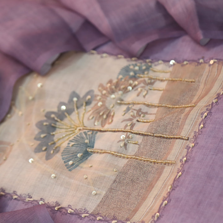 Deewana Orchid Puple Embellish Moti Neck with Knot Detailing Cotton Linen Set