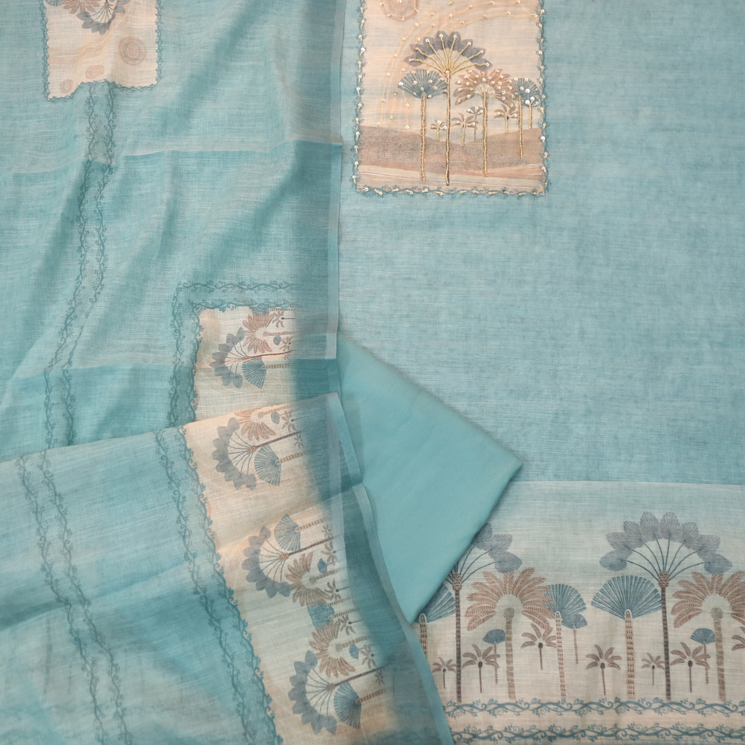 Deewana Ocean Blue Embellish Moti Neck with Knot Detailing Cotton Linen Set