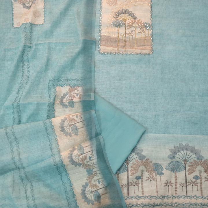 Deewana Ocean Blue Embellish Moti Neck with Knot Detailing Cotton Linen Set